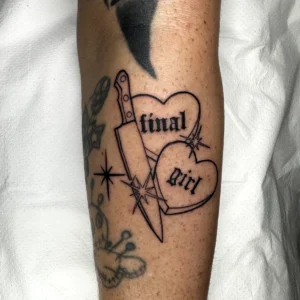 FIne line tattoo hearts and knife